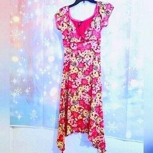 BRIGHT FLORAL PATTERN LACE TRIM SHARK BITE HEM FESTIVAL SUMMER DRESS SIZE M